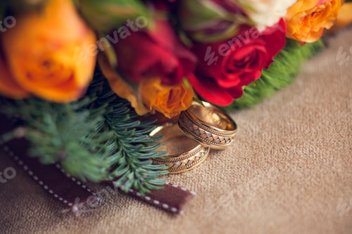 Preview: Wedding bouquet in winter or autumn style and rings close up