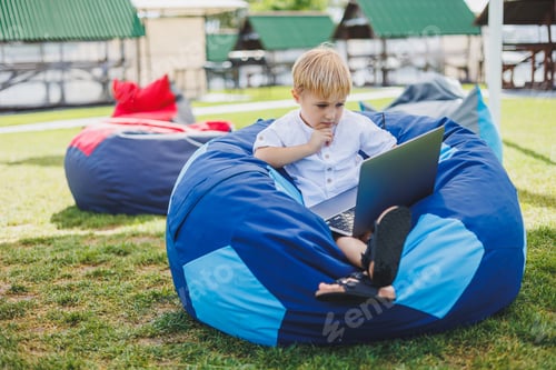 Preview: Little boy with a laptop on the background of summer grass. A boy in a white T-shirt is sitting