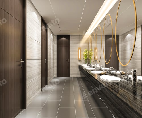 Preview: 3d rendering wood and modern tile public toilet