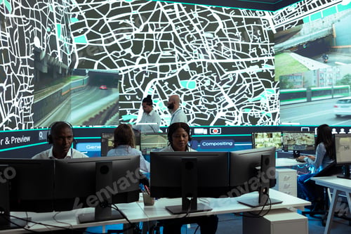Preview: African american call center employee communicates satellite map routes
