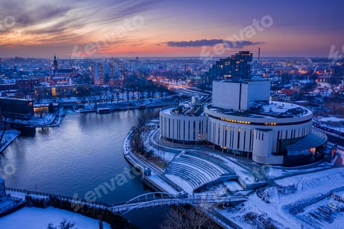 Preview: Winter opera Nova in Bydgoszcz at dusk. Architecture in Poland