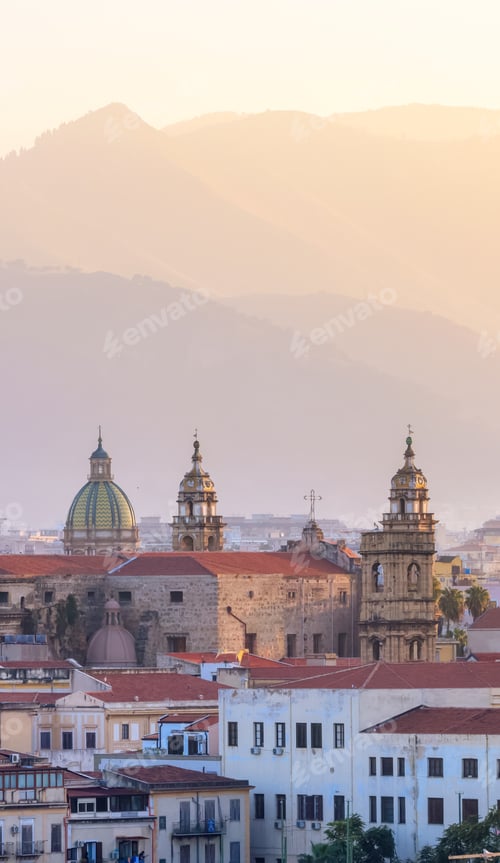 Preview: Residential Homes and Historic Church Buildings with mountains. Palermo, Sicily, Italy