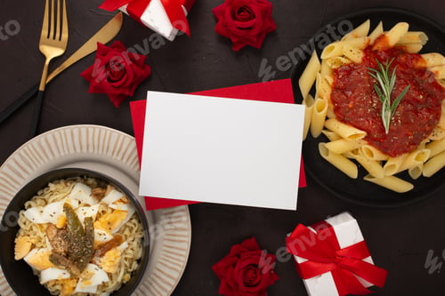 Preview: Closeup of a plate of pasta and a bowl of noodles with gifts, roses, and cards