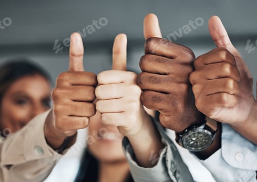 Preview: Hands, thumbs up and diversity, group and business people, solidarity and agreement with unity in w