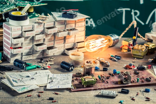 Preview: Vintage electronics workshop in laboratory on old wooden table