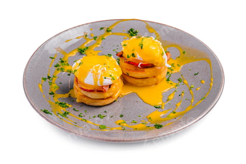 Preview: Pancakes with Poached Egg on Plate