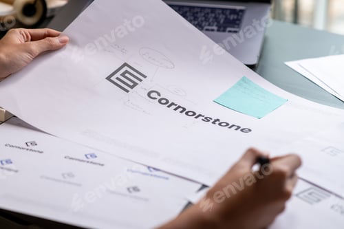Preview: Graphic designer drawing sketches logo design.