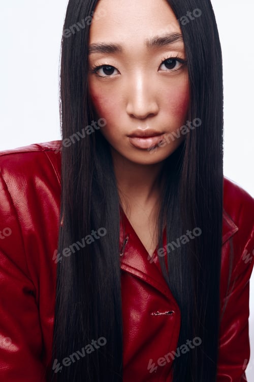 Preview: Young stylish woman with long black hair and red leather jacket posing for a professional photo