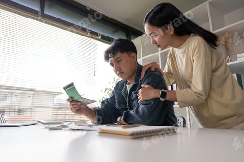 Preview: Sad couple, finance stress for tax, house mortgage loan. Financial loss, Couple asian stress for
