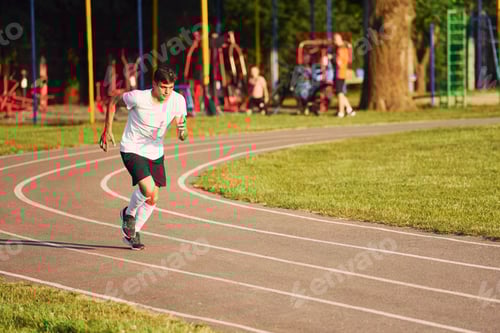 Preview: Man in sportive unifrom running on the track at daytime