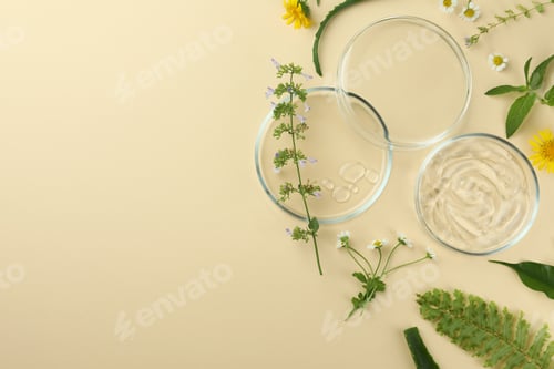 Preview: Flat lay composition with Petri dishes and plants on beige background. Space for text