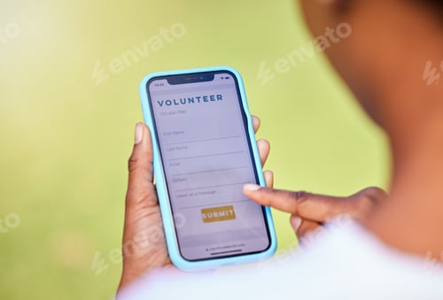 Preview: Phone screen, volunteer digital application and hands, charity and NGO with help, donation and mobi