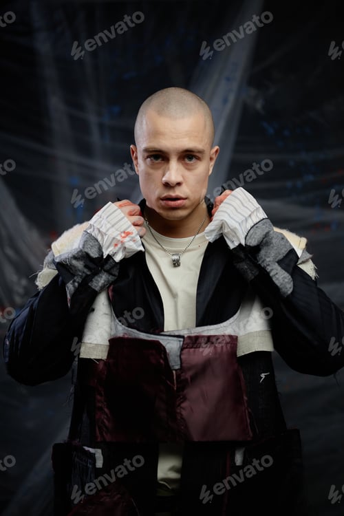 Preview: Portrait of Male Fashion Designer Wearing Patchwork Jacket Posing in Studio