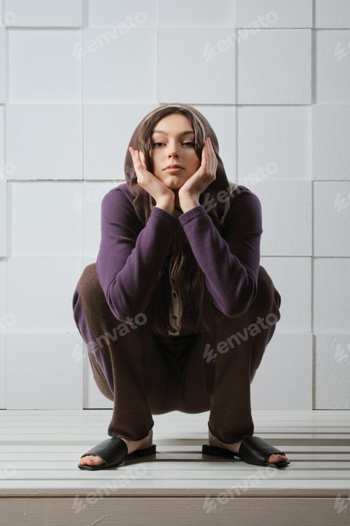 Preview: Attractive girl in warm knitted woolen sweater with hood and trousers sits on her haunches
