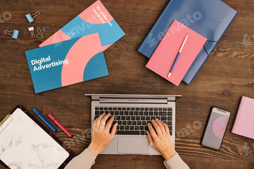 Preview: Hands of contemporary business coach preparing for training in front of laptop
