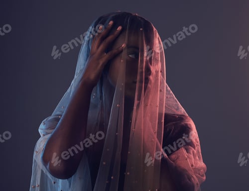 Preview: Black woman, veil and fashion with creative, fabric and elegance with girl on dark studio backgroun