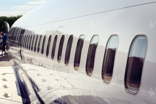 Preview: Airplane windows disembarking after arrival at vacation airport