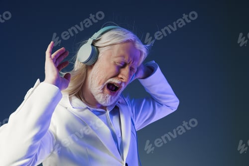 Preview: Elderly man enjoying music, wearing headphones, with a joyful expression against a dark blue