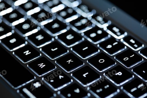 Preview: Keyboard Laptop. Backlit Computer Keyboard Closeup. Hi Tech Concept