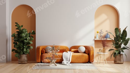 Preview: Orange leather sofa and decoration minimal on two tone wall