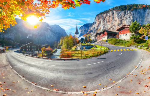 Preview: Astonishing autumn view of Lauterbrunnen valley with gorgeous Staubbach waterfall and Swiss Alps