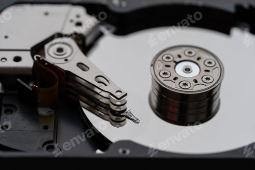Preview: Opened hard disk after disassembly during repair or service, macro shot. Computer laptop HDD inside.