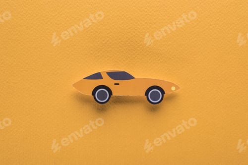 Preview: top view of paper cut sports car on orange background, car rent concept