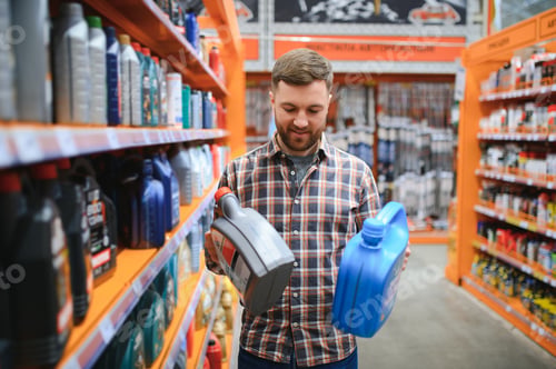 Preview: seller man with canister of motor oil in auto store