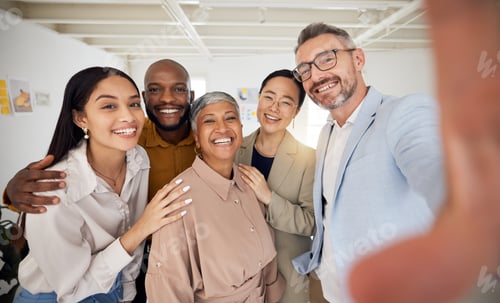 Preview: Portrait, selfie and group of business people smile in office for support, team building and trust.