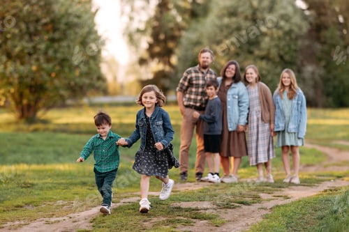 Preview: A large friendly family walks in a field in the summer