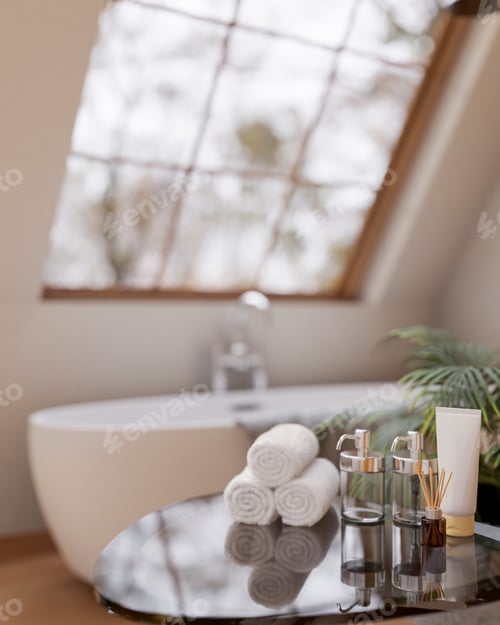 Preview: A table with bath essentials set in a contemporary bathroom with a bathtub by a window.