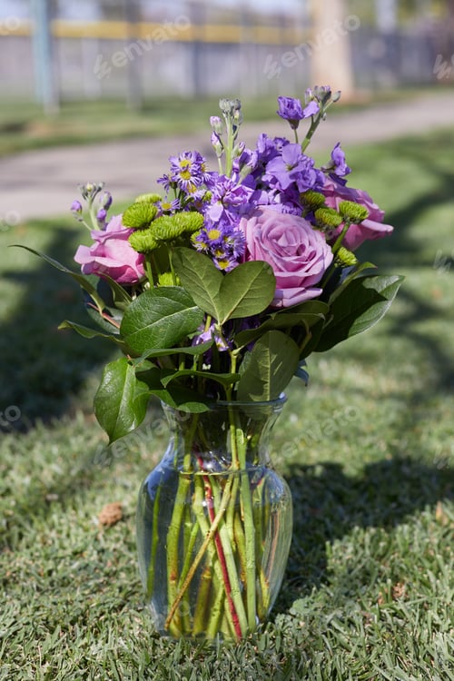 Preview: Purple roses with green leaves in the flower vase