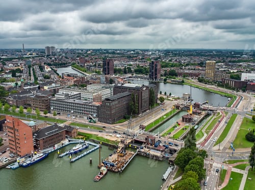 Preview: Aerial view shot of Rotterdam city in the Netherlands