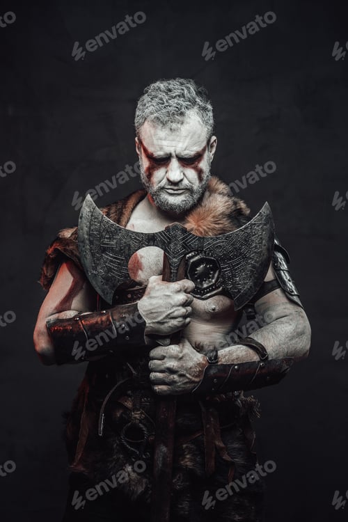 Preview: Barbaric fighter with white skin and axe in dark background