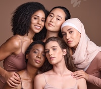 Preview: Diversity, beauty and portrait of a group of women in studio for skincare, makeup or cosmetic routi