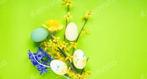 Preview: easter celebration concept. Top view photo of colorful easter eggs