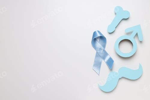 Preview: Blue ribbon with paper male genitals and mustache, Movember concept