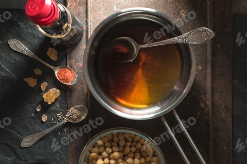 Preview: Soy sauce in a saucepan, chickpeas and spices close-up