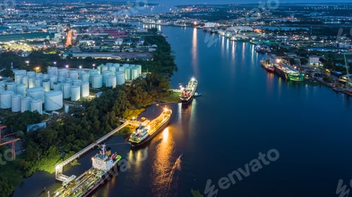 Preview: Aerial view oil storage tanks and tanker in river at night, Aerial view of oil storage tanks.
