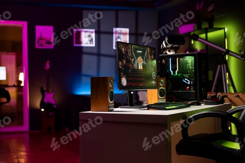 Preview: Singleplayer videogame on desktop pc display on desk late at night