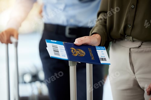 Vista previa: Hand with passport, plane or airplane travel ticket at airport for international flight from South
