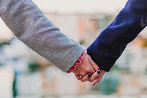 Preview: two women holding hands outdoors. love concept