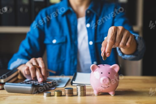 Preview: woman holds a coin in a pig-shaped piggy bank to save money for the future. after retirement and rec