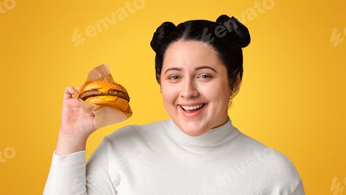Preview: Overweight Girl Posing With Beef Burger In Hands Over Yellow Background