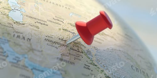 Preview: Afganistan pinned on World atlas. Map location pointer on globe planet Earth. 3d illustration.