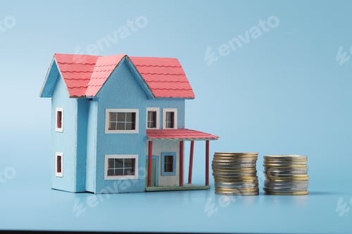 Preview: Model House With Stacks of Coins Representing Real Estate Investment