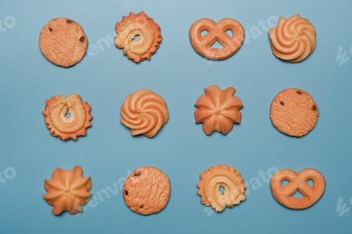 Preview: Tasty variety danish butter cookies on blue background.