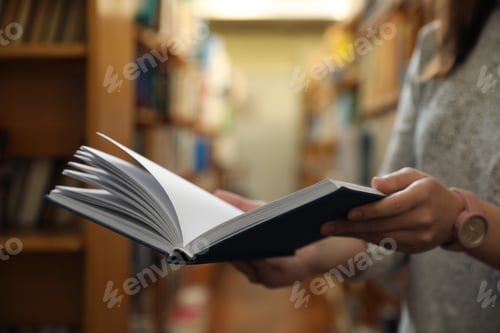 Preview: Woman holding open book in library, closeup