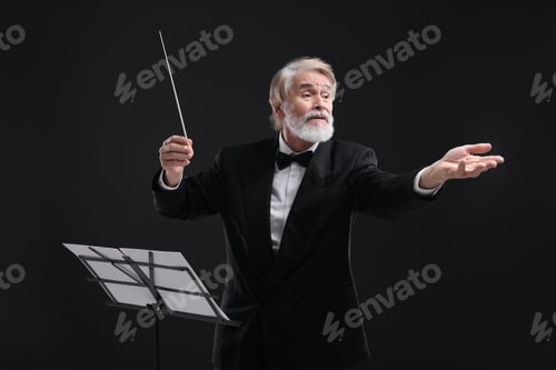Preview: Professional conductor with baton and note stand on black background