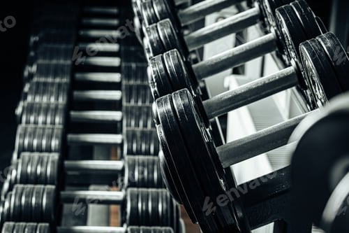 Preview: Sports equipment in gym. Dumbbells of different weight close up